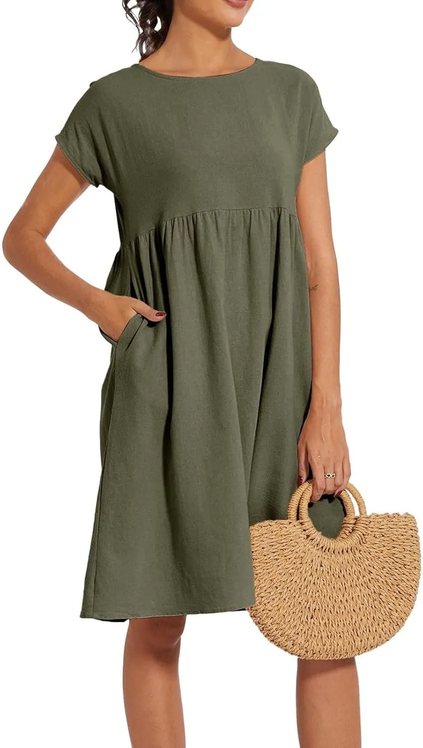 Women's Summer Dresses 2025 Beach Casual Deep V Neck Loose Short Sleeve Mini Sundress with Pockets