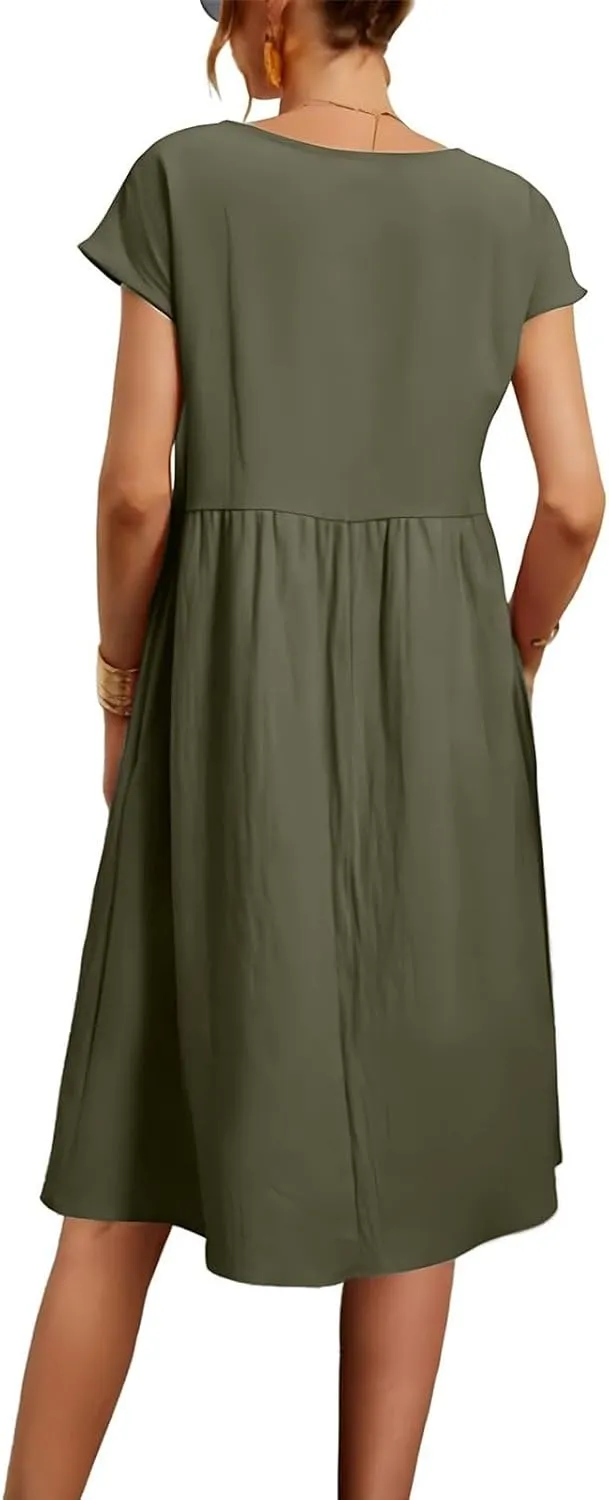Women's Summer Dresses 2025 Beach Casual Deep V Neck Loose Short Sleeve Mini Sundress with Pockets