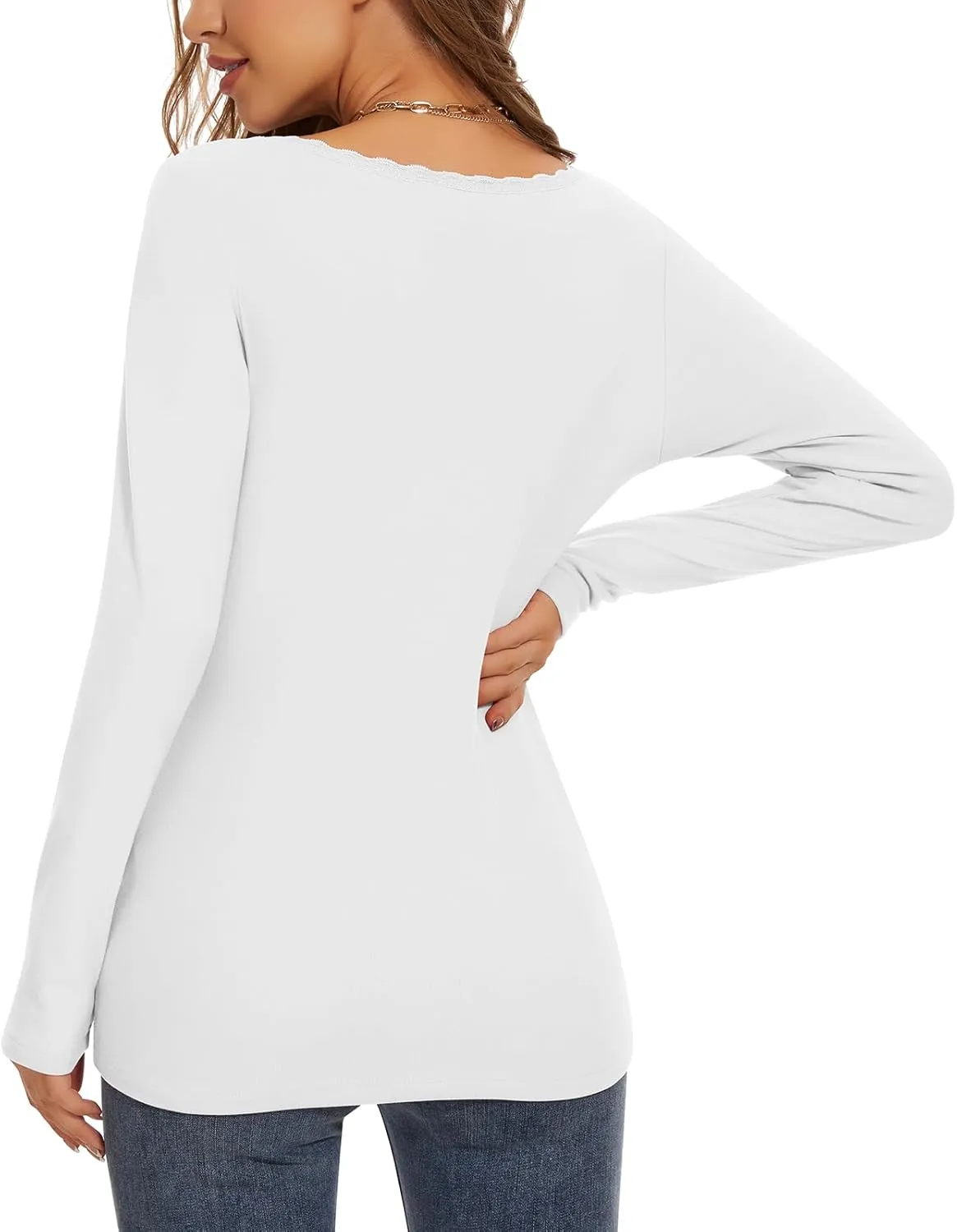 WOWENY Womens Long Sleeve Thermal Shirts V Neck Lace T Shirts Underwear Tops Basic Fitted Tees