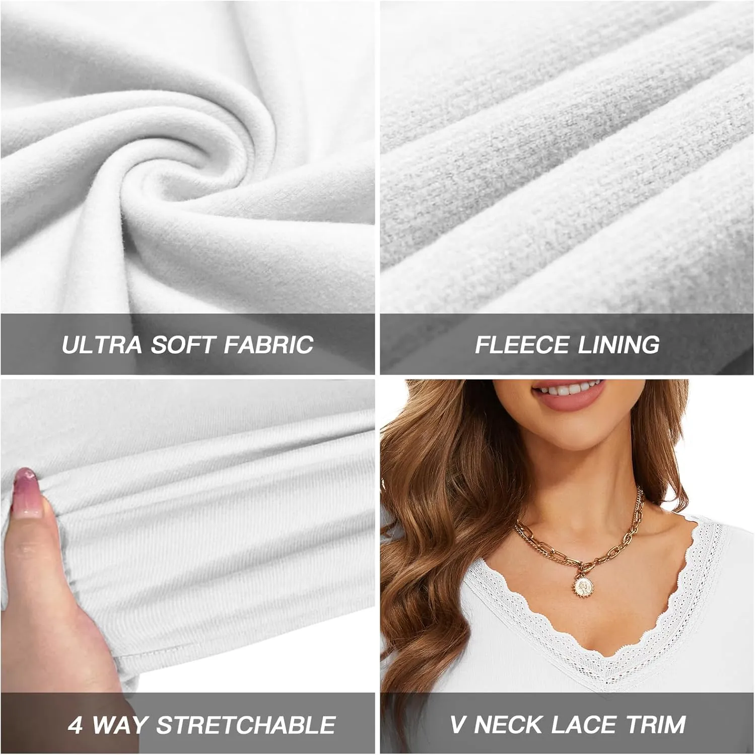 WOWENY Womens Long Sleeve Thermal Shirts V Neck Lace T Shirts Underwear Tops Basic Fitted Tees